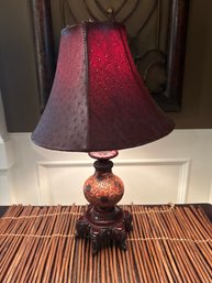 Asian Style Boudoir 15 Inch Lamp, Carved Wood, Leather Shade