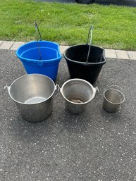 Lot Of 3 Stainless Steel Buckets And 2 Plastic Buckets In Nice Condition Multiple Uses