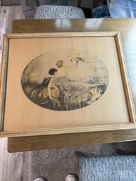 Cote Pets Art Deco Print Ladies And Their Fancy Large Parrots In Wooden Glass Frame.  Vintage Piece