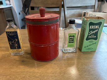 Vintage Collectable Shampoo And Perfumed Deodorant Bottles With Painted Coffee Can Great For Any Collector