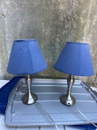 Two Small Silver Candlestick Bedroom Table Lamps With Blue Shades