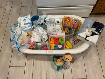 Baby Bath, Filled With Baby Toys, Washcloths Towels, And More All New