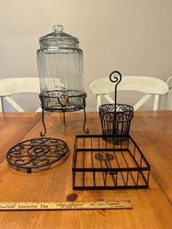 Party, Entertaining Lot, Cold Beverage Dispenser On Metal Stand, Utensil Holder, Napkin Holder And Trivet