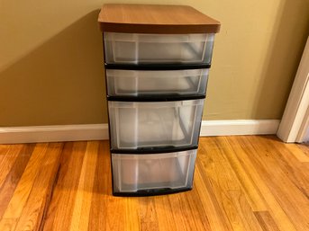 Plastic 4 Drawer Storage Organizer With Faux Wood Top On Wheels