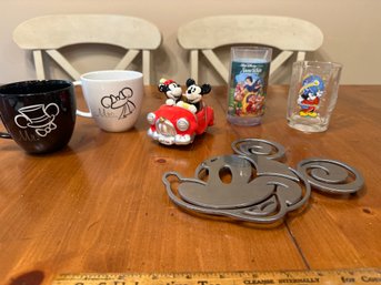 Lot Of Mickey Mouse, Disney Themed Kitchen Items Mugs Glasses Trivet Salt And Pepper Shakers