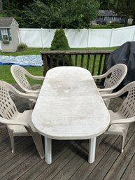 72 Inch White Plastic Expandable Has 18 In Leaf Outdoor Oval Table With Four Chairs Plus Cover