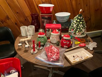 Kitchen Lot Of Table Top Christmas Decor, Cookie Jars, Candleholders Bowls, Cookie Cutters, And More