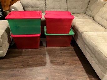 Lot  Of 4 66 Quart Storage Bins, Storage Totes, Red And Green With Latching Walking Lids