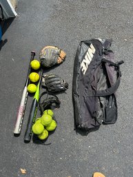 Lot Of Softball Equipment Balls, Bats Mitts Carry Bag See Photos