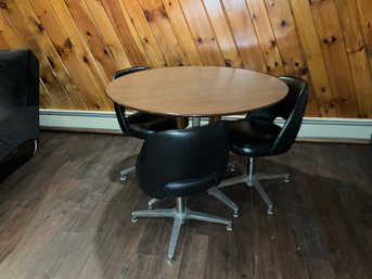 Vintage Mid-century Modern 42 Inch Pedestal Table 1970s 3 Leather Swivel Chairs Basement Card Hang Out Table