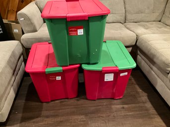 Three Storage Totes 20 Gallon Latch Lid Storage Bins Get Organized Storage Solutions - Red And Green