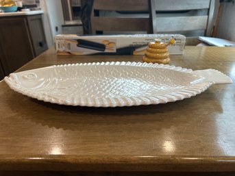 18 In McCoy Oven Proof Fish Platter 18 In Non Stick Rolling Pin And 3 1/2 X 3 1/3 Inch Beautiful Honey Jar