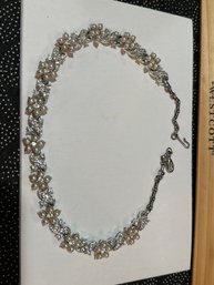 Vintage Signed Lisner Floral Necklace With Rhinestones & Faux Pearls