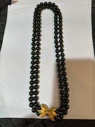 Vintage Joan Rivers Metallic Green Glass Double Strand Necklace With Gold Plated Leafs On Hooks