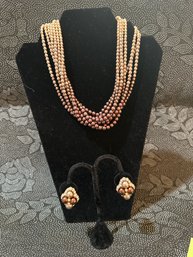 Vintage Joan Rivers Multi Strand Metallic Tone Necklace And Clip On Earrings