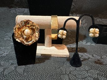 Joan Rivers Art Deco Bracelet Blooming Flower Brooch Pin And Clip On Earring