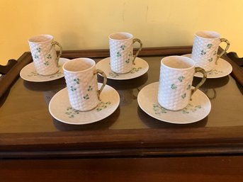 Set Of 5 Vintage Belleek Irish Shamrock Basketweave Mug/Cup And Saucer Sets  7th Marking