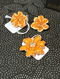 Joan Rivers Classic Collection Vintage Clip On Earrings And Pin, Coral, Enamel And Rhinestones