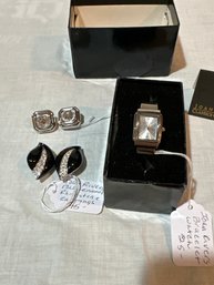 Vintage Joan Rivers Bracelet Watch, Black Enamel And Rhinestone Earrings And Clear Crystal Square Earrings