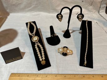 Joan Rivers Lot Pearl Black Enamel Rhinestones Watch Ring Pin Clip On Earrings And Bracelet