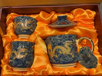 Happy Everyday Chinese Golden Dragon Tea Set Blue Red Ball Luck Sea Waves Mark On Bottom New In Box