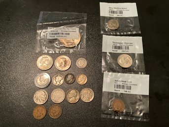 Lot Of US Coins Indian Head Penny, Buffalo Nickel Mercury Dime 1892 Barber Silver Quarter 1906 Liberty Head