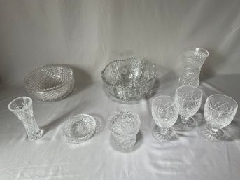 Cut Glass Set Bowl Vases Three Glasses Sugar Bowl