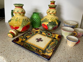 Hand Painted Tuscan Oil And Vinegar Cruet Set,  Pier One Measuring Cups And Square Dish