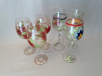 6 Hand Painted Christmas And Seasonal Stem Wine  Glasses