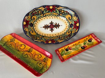 3 Pc Tuscan Serving Dishes, Multicolor Handpainted, Small Chips In Lg Bowl