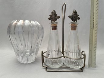 Mixed Lot: Crystal Glass Vase And Cruet Set Of Glass And Silverplate