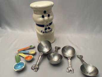 1973 Vintage Pillsbury Dough Boy Cookie Jar  With Shiny Stainless Measuring Cups And Spoons