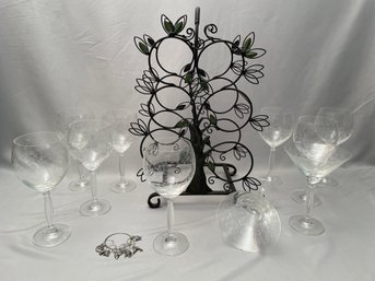 Eliza Stemware By Pier One $40ea 8 Wine Water Glasses 2 Martini Glasses & 6 Bottle Wine Holder & 6 Wine Charms