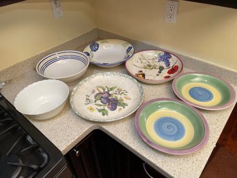 7 Large Hand Painted Pasta Dishes Bowls, William-sonoma Or Italian