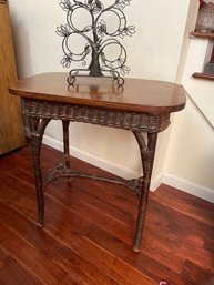18x28 Vintage 1920s Antique Rattan Wicker And Oak Side Table