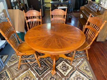 48 Inch Round Oak Clawfoot Pedestal Table With 4 Oak Pressback Chairs And Leaf