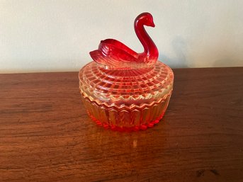 Jeanette Glass Amberina Red Swan Vanity Powder Trinket Dish