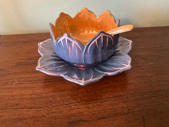 Vintage Japan Luster Ware Lotus Sugar Bowl Matching Underplate And Spoon Blue