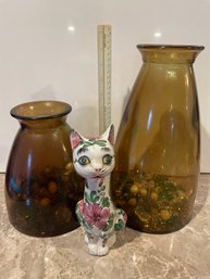 Lot Of 3: Hand Painted Ceramic Cat, 2 Decorative Amber Glass Bottles W Marbles