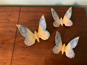 3 Vintage Handpainted Wall Art Ceramic Butterflies With Gold Accents