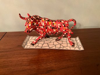 2008 BARCINO MOSAIC BULL FIGURE SCULPTURE HAND PAINTED RED TONES BARCELONA 7 Inch