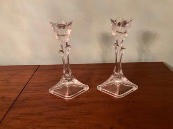 Pair Of Crystal Clear 24 Lead Crystal Tulip Taper Candle Holders Candlesticks