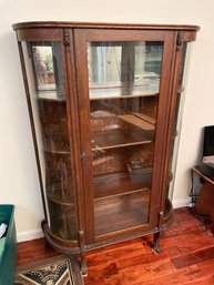Vintage Red Oak China Closet Cabinet Curved Glass