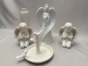 5 Pc Lot: Angels In White: 2 Resin Statues 5. White Ceramic Angel And Votive. Candle. Ceramic Bird Ring Dish