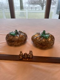 Set Of 2 Hand Blown Art Glass Pumpkin Tortoise And Green