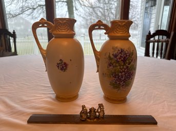 Set Of 2 Vintage Jug Spout Vase Hand Painted With Purple Violets & Forget Me Nots White Flowers