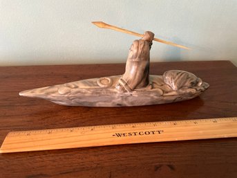 Thorn Arts Canada Inuit Eskimo In Kayak Carved Sculpture