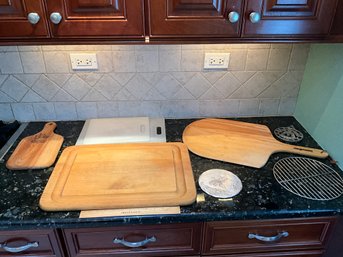 Lot Of Assorted Cutting Boards Pizza Paddle Trivets