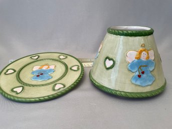 Large Yankee Candle Type Candle Topper And Plate, Ceramic 7 Wide 5 High Green, Angel Hearts