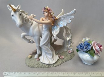 Fantasy Unicorn And Maiden China Statue, Sm China Flower Bouquet